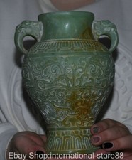 7.2" Old Chinese Green Jade Craving Fengshui Dragon Beast Head Double Bottle Jug