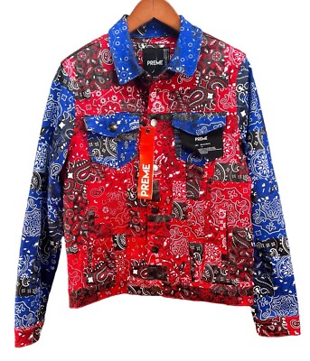 Preme Denim Patchwork Bandana Trucker Stretch Jacket Men’s M Red White Blue 