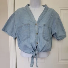 Gitano Vintage Denim Chambray Crop Tie Waist Shirt 90s 100% Cotton Womens M