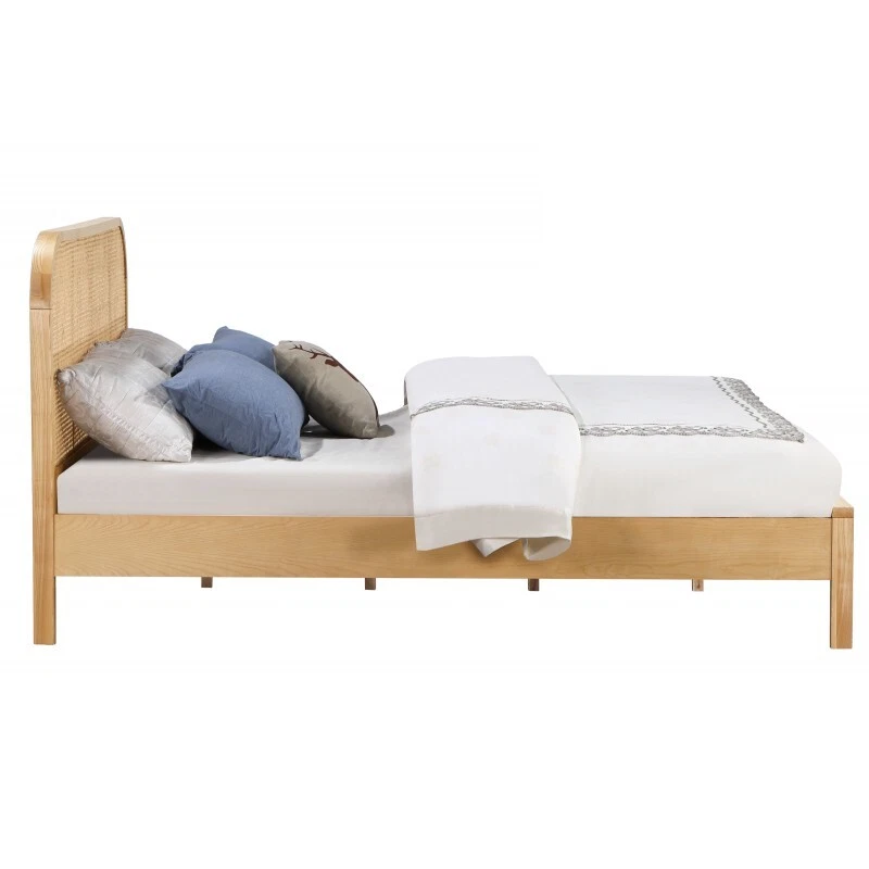 Cama de madera maciza E king size, ratán material natural dormitorio listones plataforma cama Foto 3 de 4