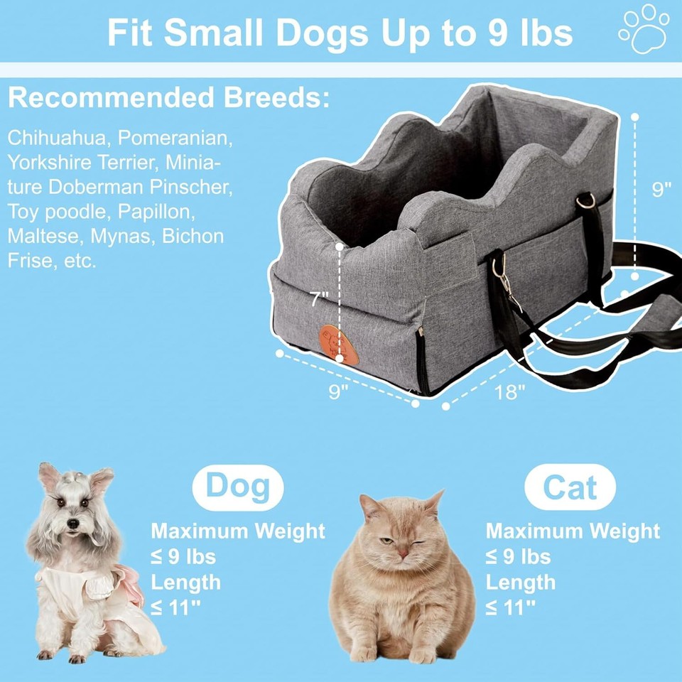 Center Console Dog Car Seat for Small Dogs Puppy Car Seat up to 9 Lbs