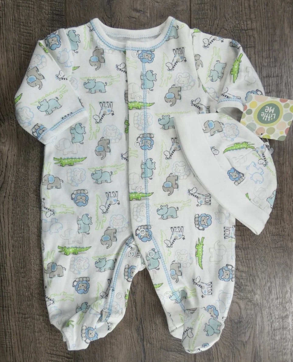 Baby Boy Clothes New Little Me Preemie 2pc Safari Zoo Animals Footed Outfit Hat