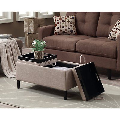 Storage Ottoman Coffee Table Beige Upholstery Reversible Tray Top Living Room Ebay