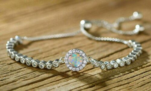 3Ct Round Cut Lab Created Fire Opal Diamond Bolo Bracelet 14K White Gold Plated - Picture 1 of 13