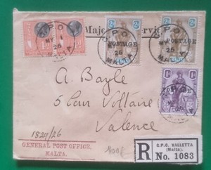 Colonies britanniques - Lettre recommandée Malte 1926 pour France