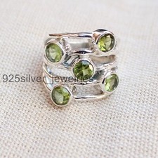 Green Peridot Five Round Gemstone 925 Sterling Silver Stackable Women Ring P 717