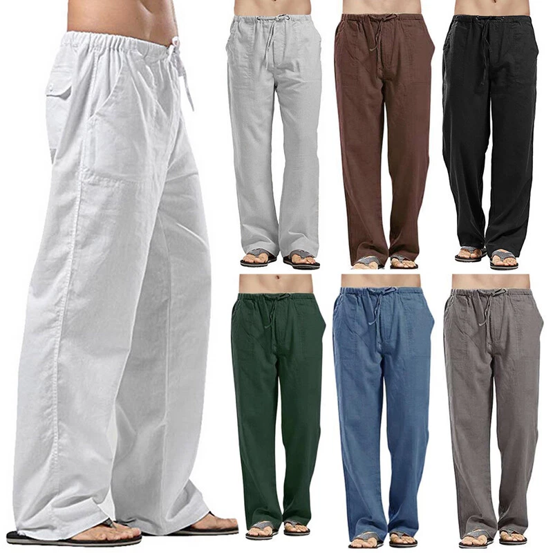 Casual Men's Drawstring Straight Pants Loose Cotton Linen Trousers