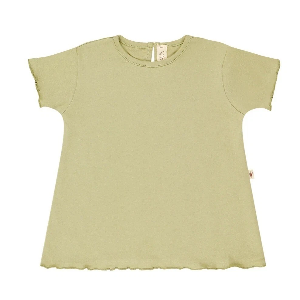 Girls Green Short Sleeve Cotton Top By Uala Lettuce Ruffle Hem & Button Closure