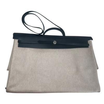 New Hermes Herbag 50 Cabine Travel Bag Noir Leather Ecru and Black Canvas Bags