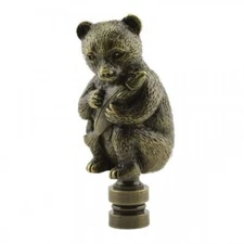 BEAR HOLDING FISH SHADE FINIAL ANTIQUE BRASS - FINIAL THREAD FT-35
