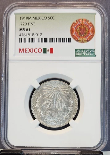 1919 MEXICO SILVER 50 CENTAVOS .720 FINE NGC MS 61 SCARCE KEY DATE