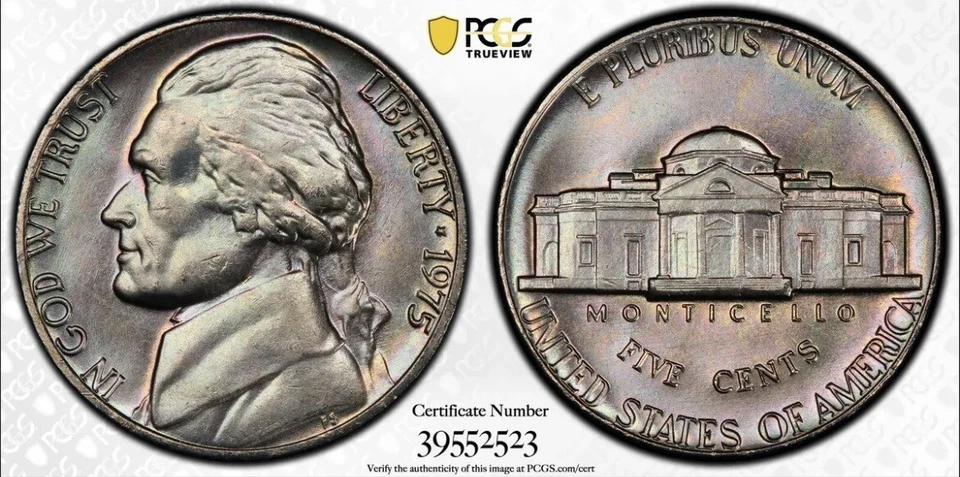 Steely Blue Toned 1975 5C Jefferson Nickel MS65 PCGS Gold Shield + TrueView - Image 2 of 4