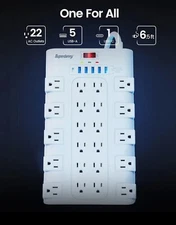 Surge Protector Power Strip 22 AC Outlets 6 USB Ports Type C White