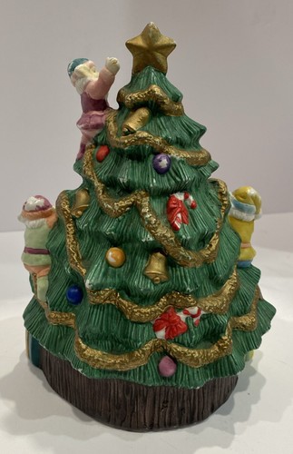 Vintage Ceramic Christmas Tree Elves Teddy Bear Music Box Plays Deck the Halls - Picture 2 of 5