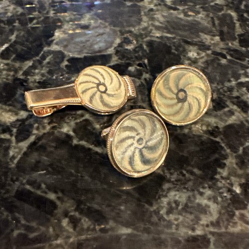 Vtg Anson Gold Tone MOVING HOLOGRAM SPIRAL SWIRL Cuff Links & Tie Bar Set UNIQUE - Picture 2 of 8