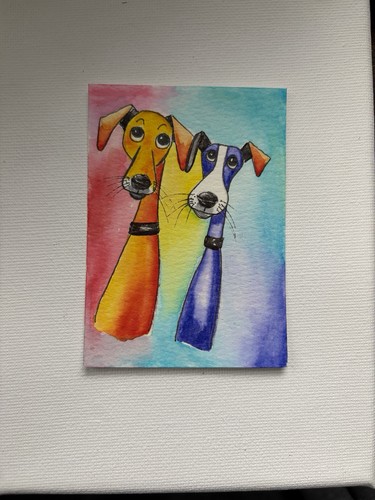 ACEO Art Card Original, Watercolor Dog Duo, Whimsical