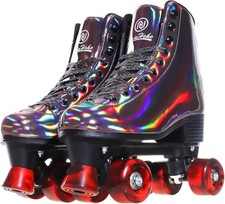Roller Skates Women Black Holographic High Top PU Leather Rollerskates Shiny