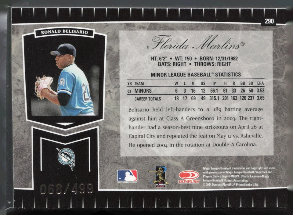 Ronald Belisario 2004 Leaf Certified Cuts #290 68/499 Rookie Auto Marlins - Image 2 of 2