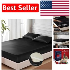 Silky Soft Satin Fitted Sheet - Black Queen, 15" Deep Pocket, No Slipping