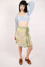 Y2K Floral Wrap Mini Skirt S small yellow green vintage ditsy preppy summer