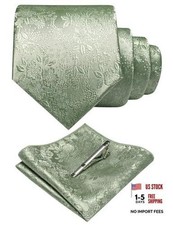 Floral Necktie and Pocket Square Tie Clip Sets for Men Sage Green2