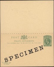 STRAITS SETTLEMENTS, 1912. Paid Reply Post Card KGV H&G 24, Specimen