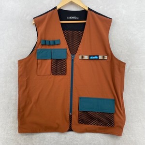 KAVU Men Utility Vest Brown Teal Multi Pocket Adventure Outdoor Size M / L