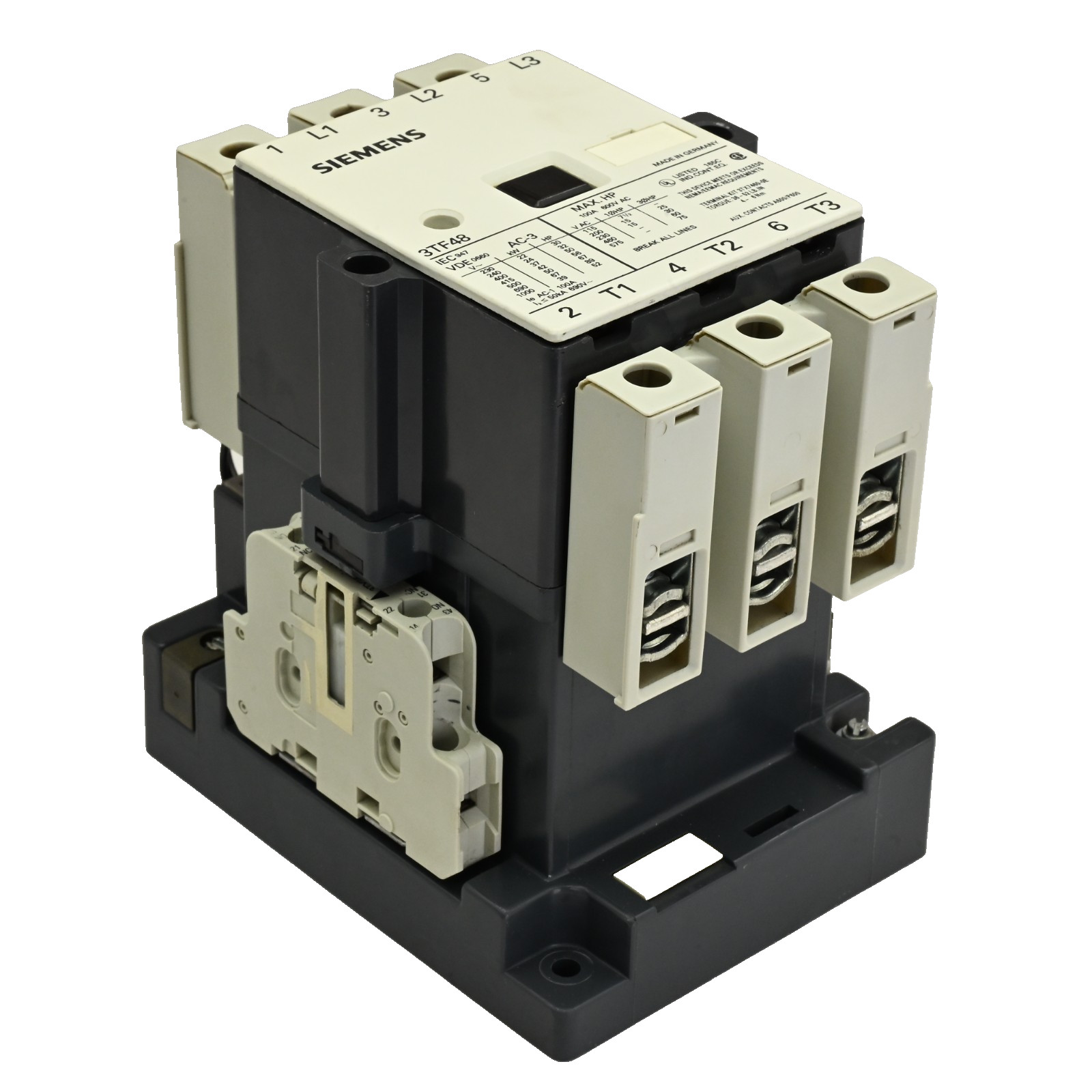 Siemens 3TF4822-0AK6 Contactor 100A 600VAC 3-Pole 110/120VAC Coil 2NO 2NC