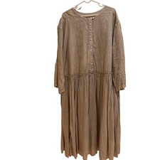Nest Robe Linen Beige Gathered Long Dress Button Round Neck Long Sleeve -Used -