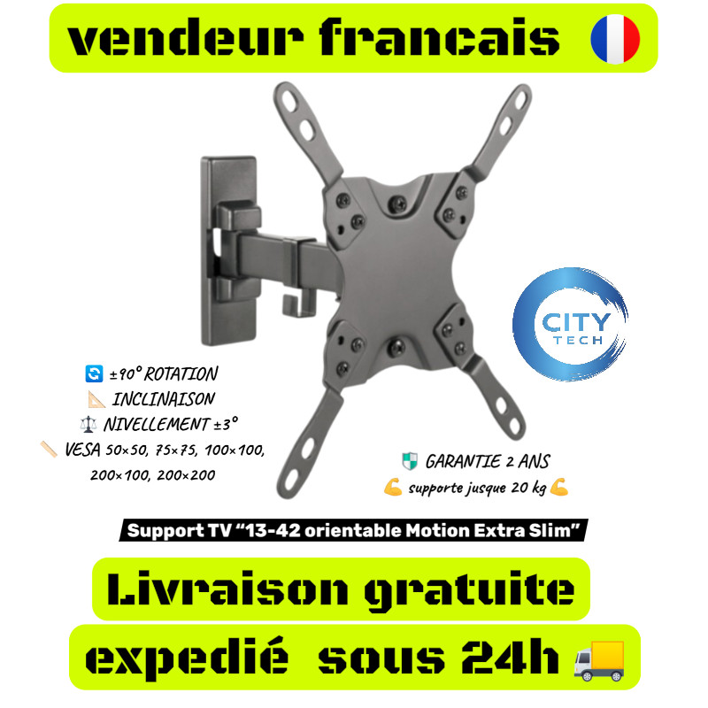 Support TV orientable 200x200 support mural écran plat 13-42 pouces extra slim