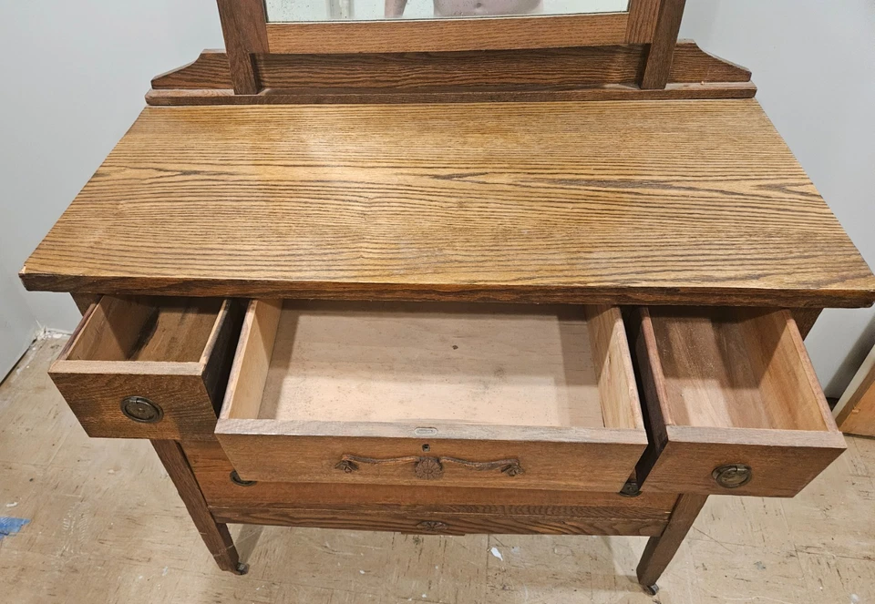Antique Tiger Oak Vanity Dresser Chest of Drawers w Attached Mirror NICE - Image 4 of 4