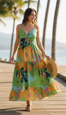 Maxi Dress Sundress Brightly Colored tiered floral ruffle Y2K sz XL Smocked