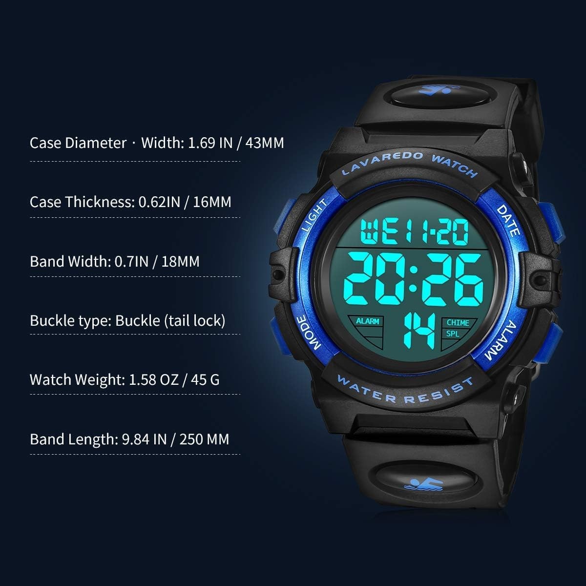 Kids Digital Sport Watch 50M Waterproof LED Alarm Chronograph for Boys 3-15