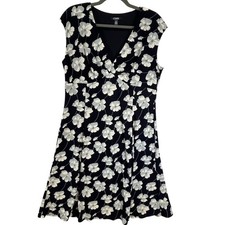 Chaps Navy & Grey Tone Floral Fit & Flair V-Neck Sleeveless Cap Dress Size XL