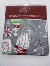 Holly  Jolly Home Peva Flannelback Tablecloth Christmas Gnomes 60x90  NEW