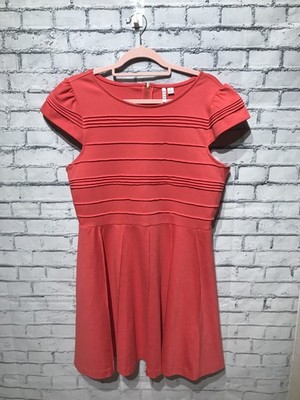 Elle, Women Plus 16, Coral Short Sleeve Stretch Pleated A-Line Short Dress, Zip