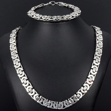 Men's 8mm Silver Stainless Steel Royal Byzantine Box Chain Necklace and Bracelet