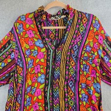 Vintage Rayon Button Down Shirt Womens Medium Multicolor Floral Geometric Nepal