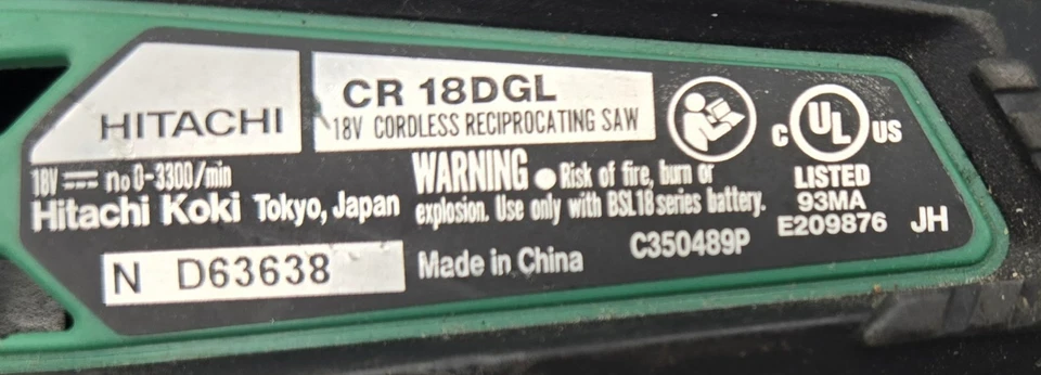 Hitachi CR18DGL 18V Brushless Reciprocating Saw w/ 54Wh Battery & Rapid Charger - Image 3 of 4