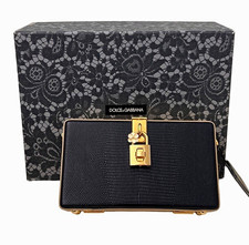 Dolce & Gabbana Black Textured Clutch Gold Padlock Lock Detachable Strap