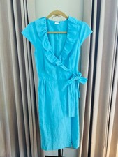 J. Crew Linen Wrap Ruffle Dress Size 8 Aqua Blue