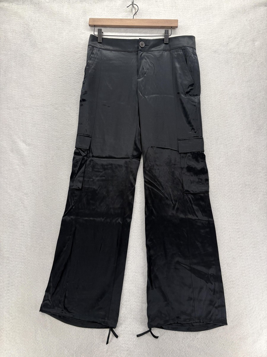 Banana Republic Silk Cargo Pants Womens 10 Black Wide Leg Satin