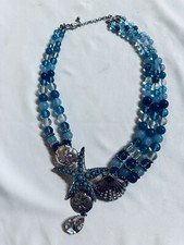 Nautical Necklace Blue Beaded With Charms Starfish Sand Dollar Shell Beach Theme