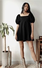 Lulus Forever Trendy Black Puff Sleeve Pleated Cocktail Babydoll Dress Size XS