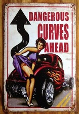 Retro Metal wall sign DANGEROUS CURVES AHEAD man cave / car showroom plaque 30cm