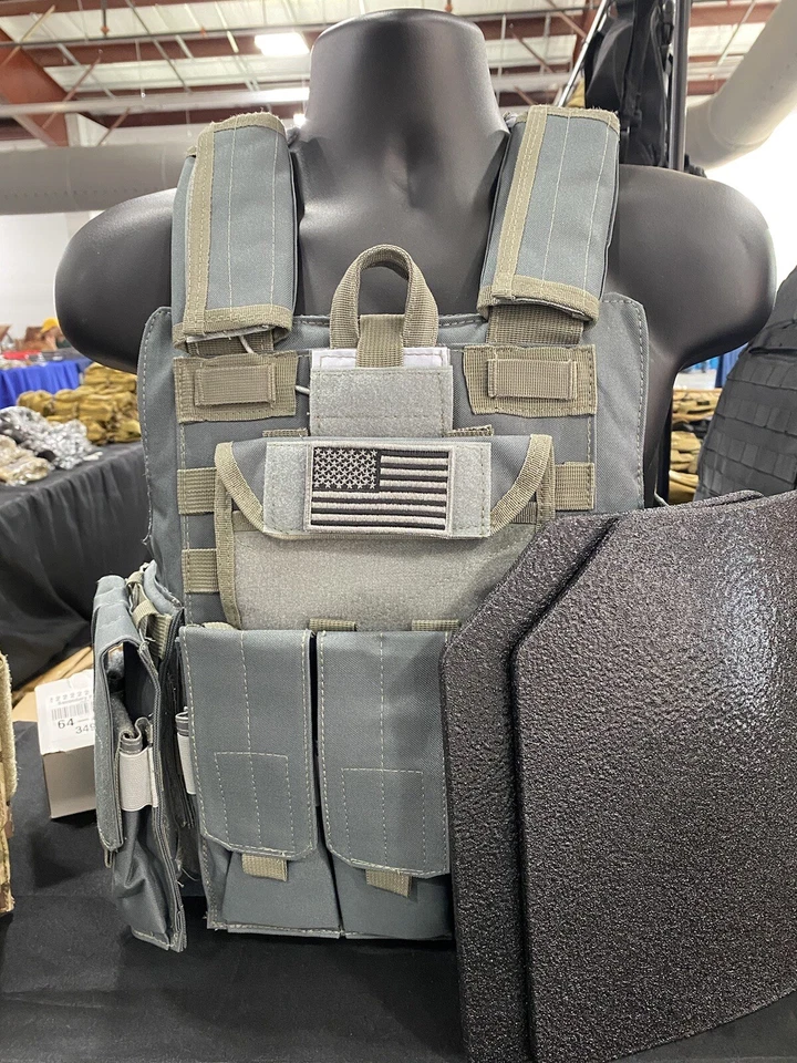 GREEN2 TACTICAL Grey/blue Tactical Vest Plate Carrier With Plates- 2 10x12 curved Plates