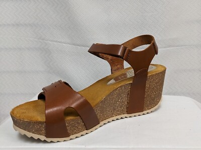 ERIC MICHAEL NADIA BROWN LEATHER CORK WEDGE SANDAL ADJUSTABLE STRAPS US 7 EUR 37