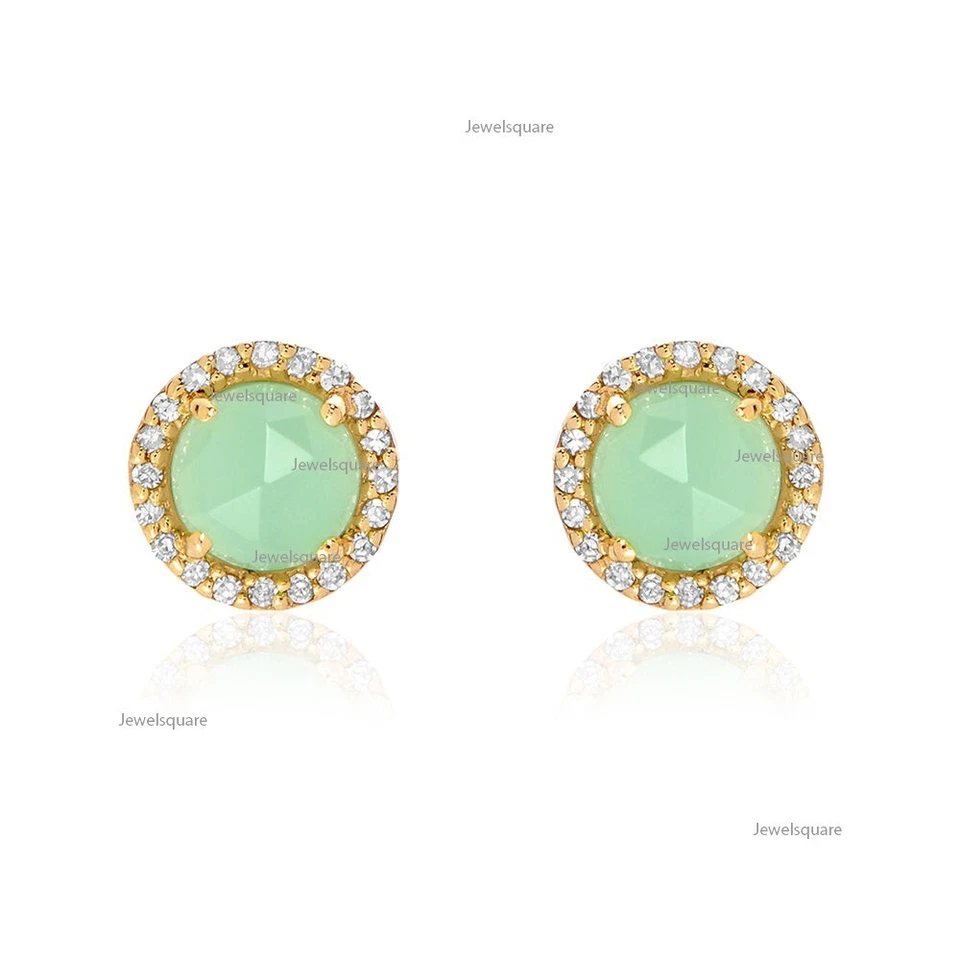 Aretes con halo de diamantes naturales y crisoprasa real de 0,90 quilates de oro rosa de 14 k Foto 3 de 4