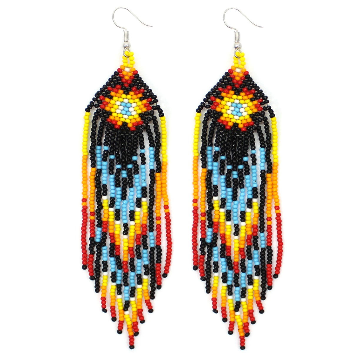 Handmade Blue & Orange Glass Bead Native Style Dangle Hook Earrings By BEADS CORNER