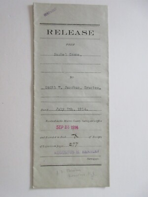 1914 Montville NJ Morris County estate release document Augustus H Bartley #2